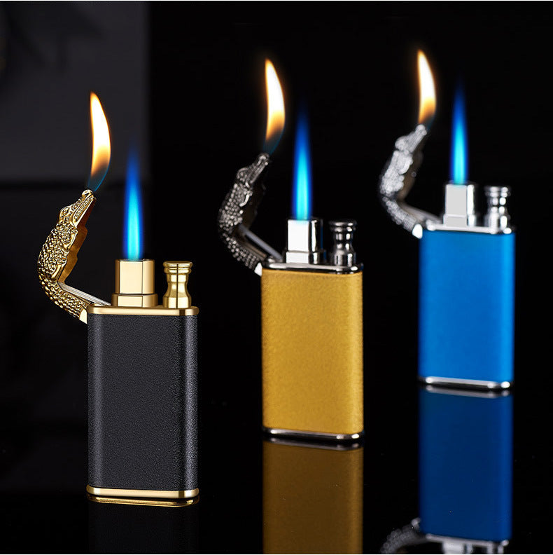Encendedor Dragón/Delfín Doble Llama Jet Azul Recargable a Gas Butano