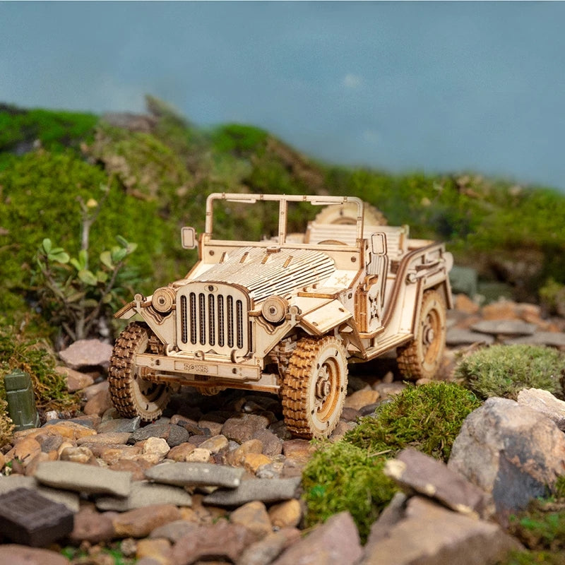Jeep Militar de Madera 3D 1:18 – Rompecabezas Mecánico DIY para Armar