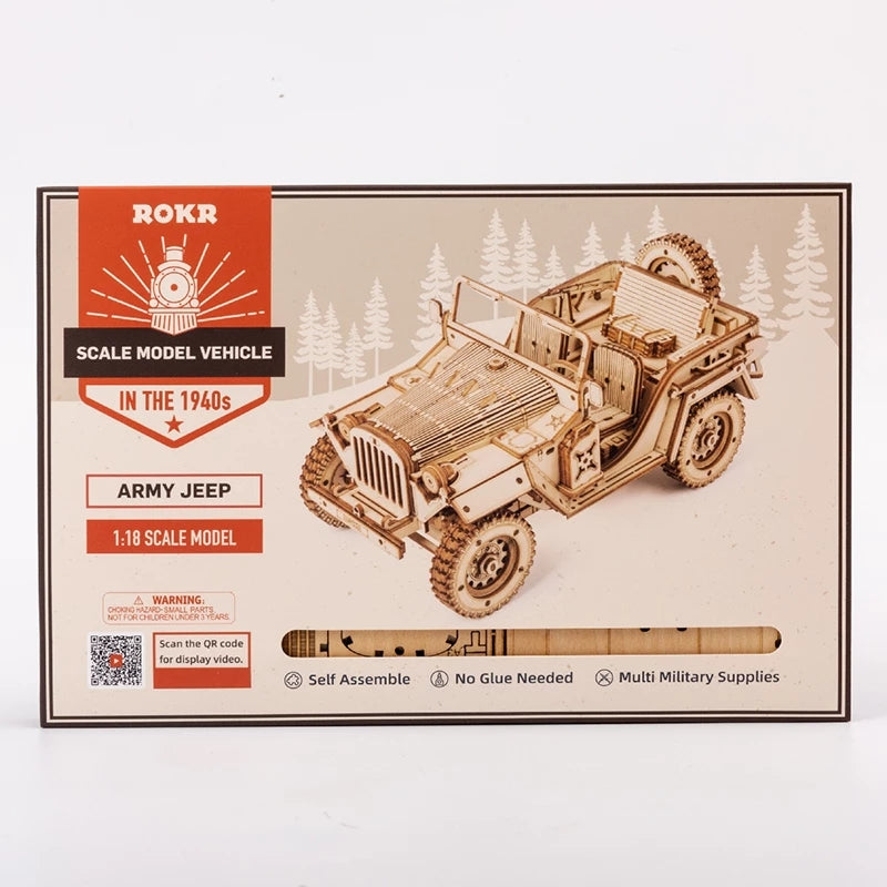 Jeep Militar de Madera 3D 1:18 – Rompecabezas Mecánico DIY para Armar