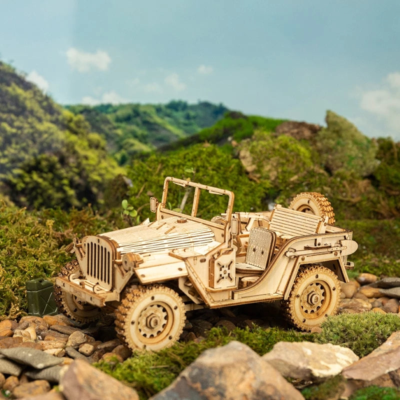 Jeep Militar de Madera 3D 1:18 – Rompecabezas Mecánico DIY para Armar