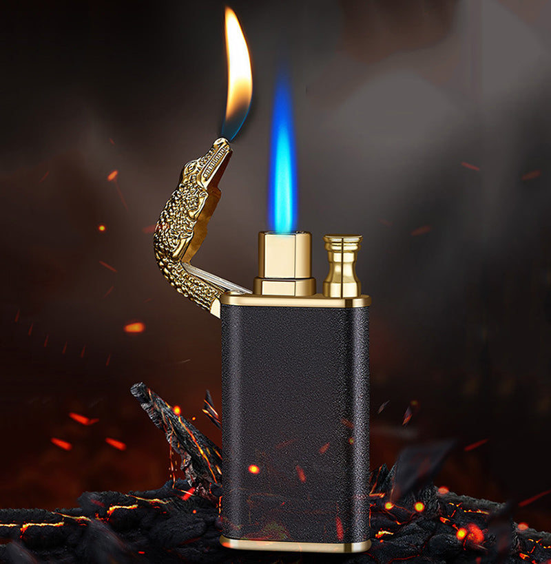 Encendedor Dragón/Delfín Doble Llama Jet Azul Recargable a Gas Butano