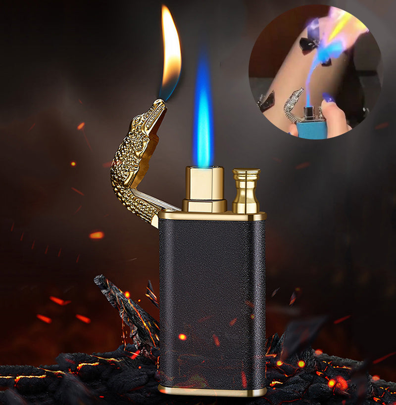 Encendedor Dragón/Delfín Doble Llama Jet Azul Recargable a Gas Butano